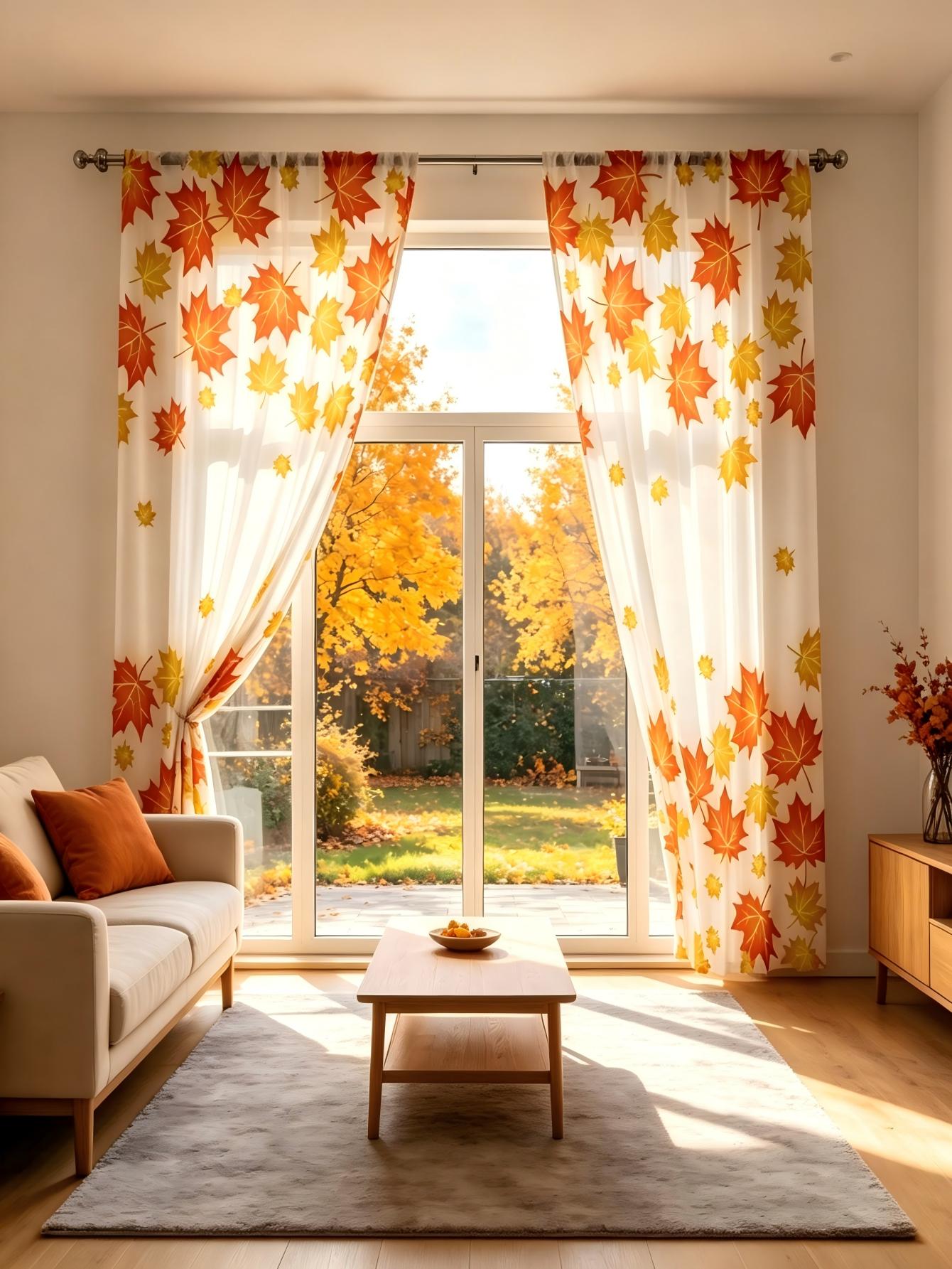 Home Decor Orange - 2PCS Digital Print Sheer Curtain, Orange