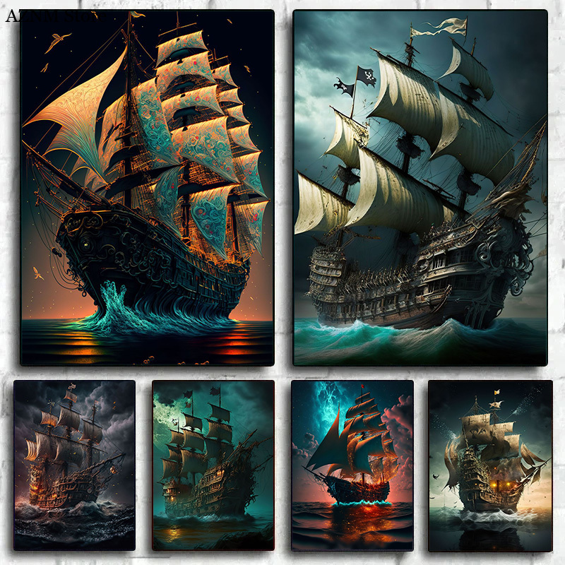 Home Decor Nautical - Abstract Pirate Ship Sea Moon Night