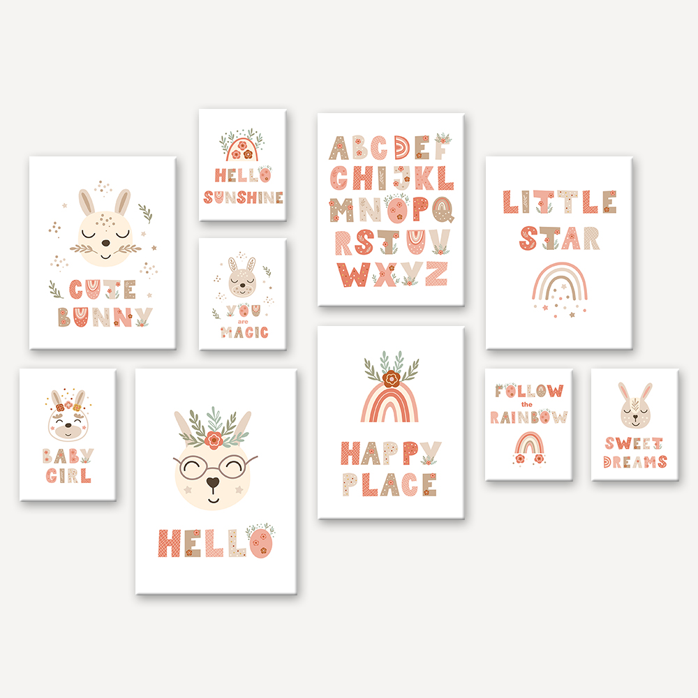 Home Decor Pt - Rainbow Rabbit Alphabet Poster Art Canvas