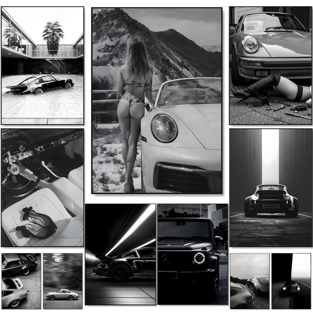 Geometric Wall Art - Black white Luxury Sports Car Painting