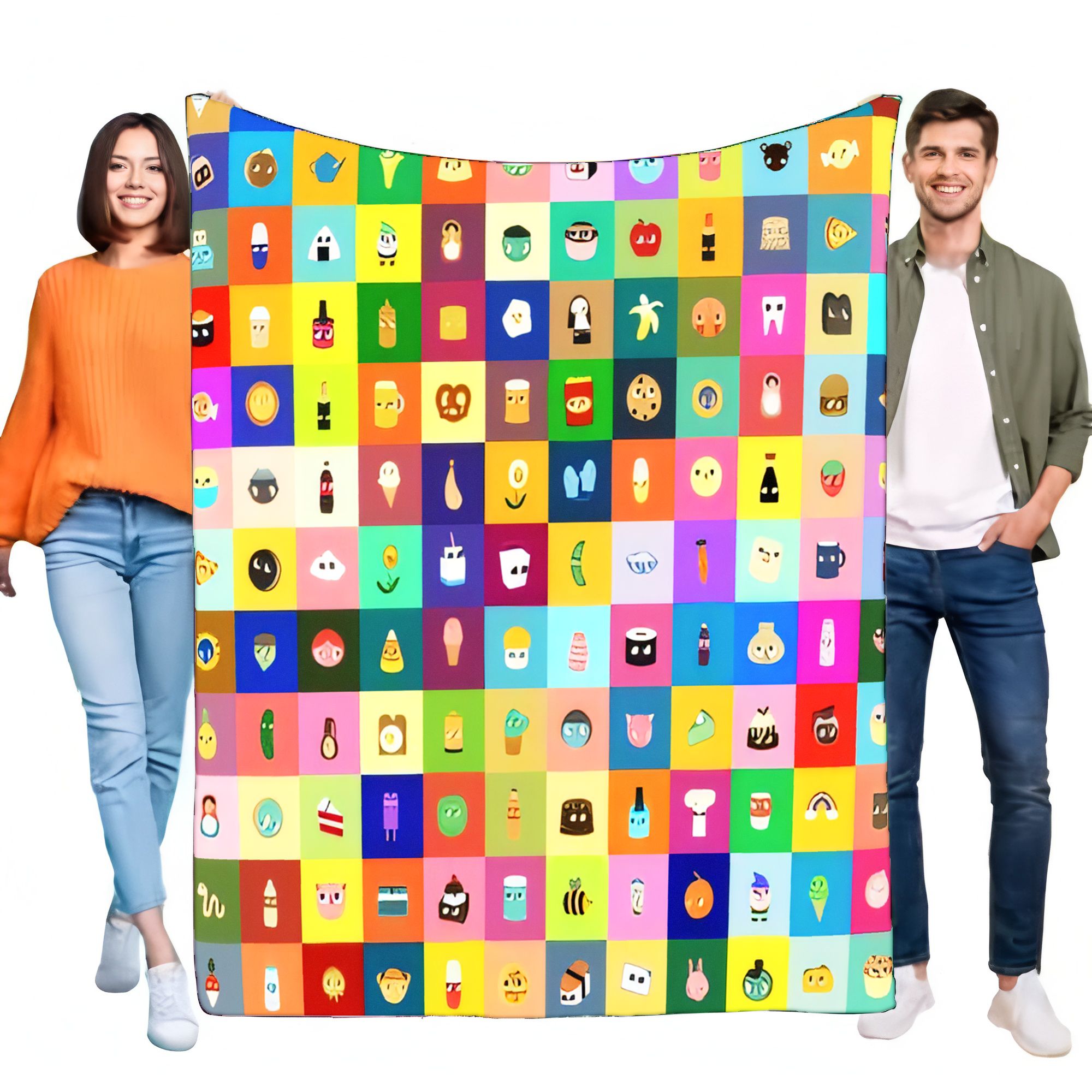 Home Decor Emoji - Vibrant Cartoon Icon Grid Blanket, Soft